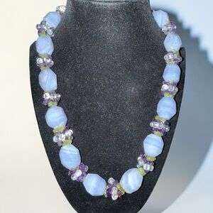 925 Sterling Silver Crazy Lace Agate Necklace | Blue Banded Agate w/ Amethyst